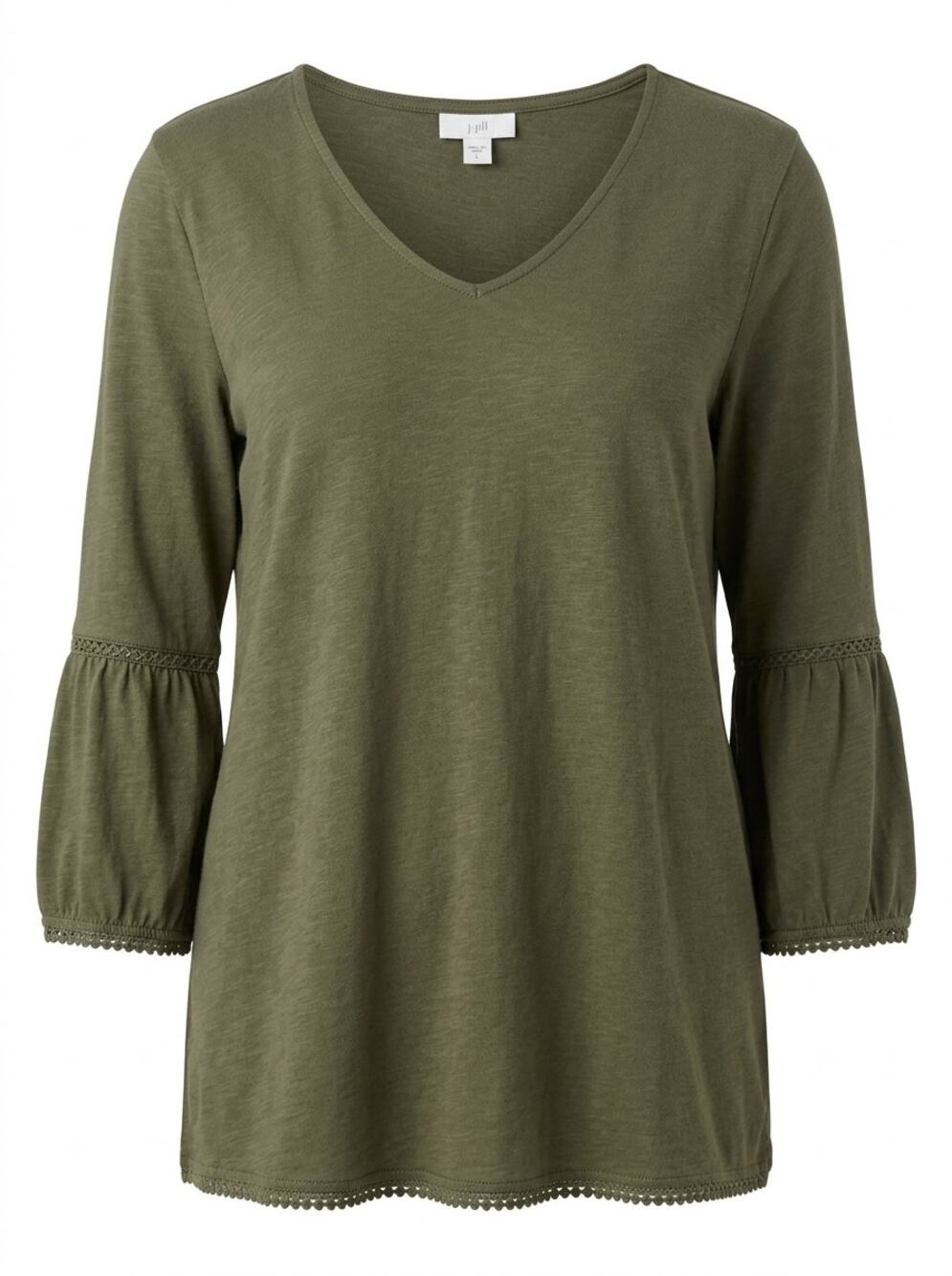 J. Jill Green V-Neck 3/4 Sleeve Crochet Trim Knit Top Women Size L